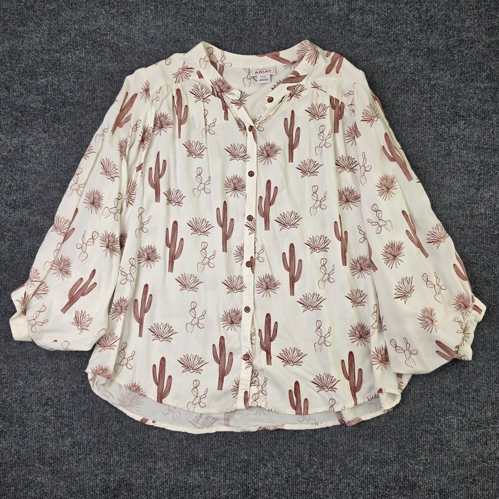 Ariat Cactus Desert Multi Print Button Down Shirt Womens M Blouse Cream 10040525